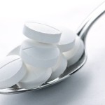 A spoon filled with white pill tablets.